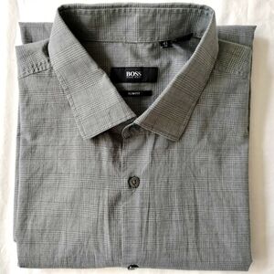 Hugo Boss Slim Fit Dwayne Shirt Men's Size 16 41 Large Gray Plaid Collar Office